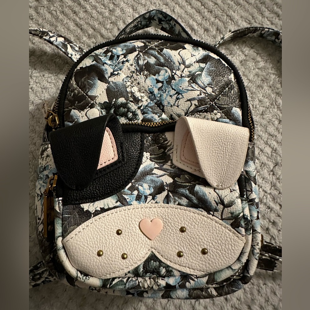BETSEY JOHNSON Dog Floral Mini Backpack Faux Leather Zipper Adjustable Straps